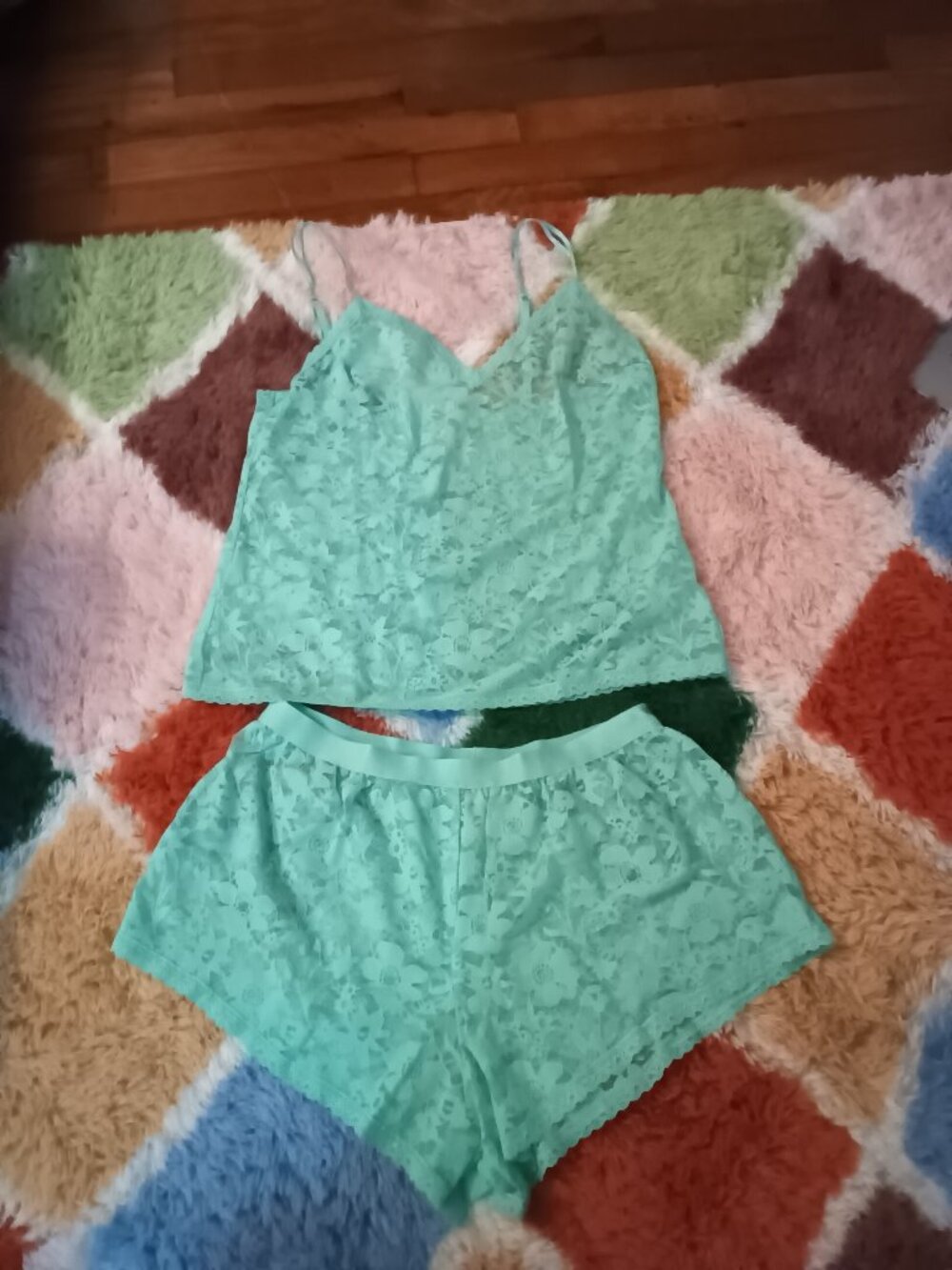 Victoria's Secret mint lace short and cami pajama set, size medium.